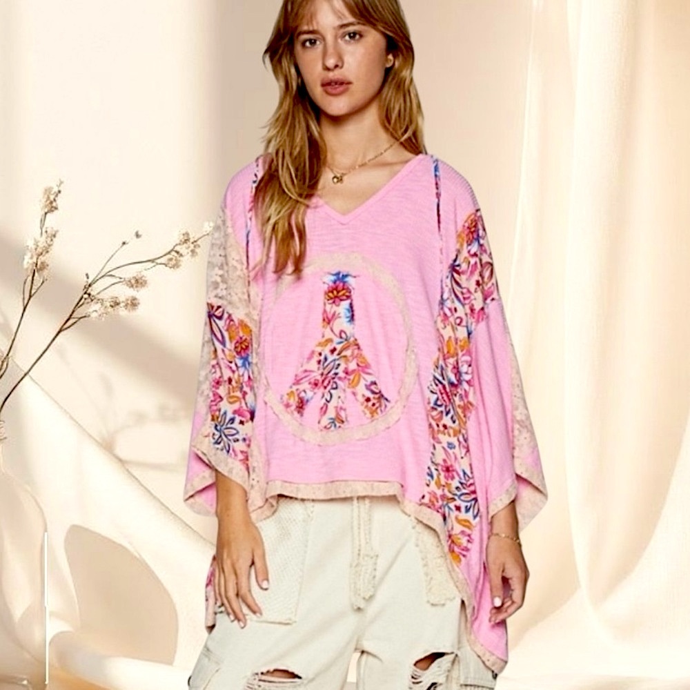POL Blush Pink Peace Sign Hoodie | Oversized Lace Patchwork Bohemian Top - Picture 8 of 8